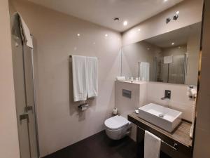 マドリードにあるHelloSky Air Rooms Madridのバスルーム(洗面台、トイレ、鏡付)