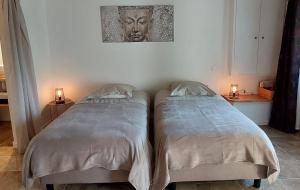 2 Betten in einem Zimmer mit einem Kopf an der Wand in der Unterkunft Le Clos des Roses in Parçay-les-Pins