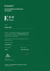 Certifikát, hodnocení, plakát nebo jiný dokument vystavený v ubytování Hotel Vibra Vila