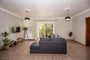 ein Wohnzimmer mit einem Sofa und einem TV in der Unterkunft Aristotelis Apartment Lakithra-Alexandra in Lakíthra