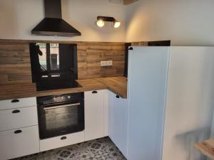 a kitchen with white cabinets and a tv and a refrigerator at La Grange - 10 couchages in Carla-de-Roquefort
