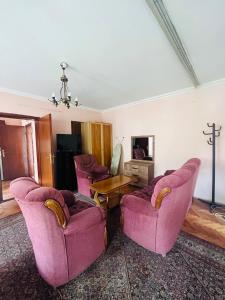 プリシュティナにあるGuest House Velaniaのリビングルーム(ピンクの椅子、テーブル付)