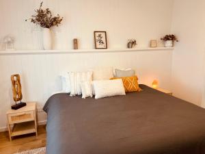 a bedroom with a bed with pillows on it at Bluebird Days - Pet Friendly in Robe