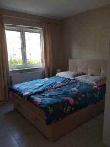 a bedroom with a bed with a colorful comforter and a window at Złoty apartament Bokserska in Warsaw +20 photos