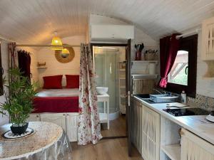 a kitchen with a bed in a small room at La Roulotte du Mas in Saintes-Maries-de-la-Mer