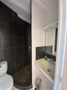 a bathroom with a toilet and a sink and a mirror at La Conquette 2 in Saint-Tropez
