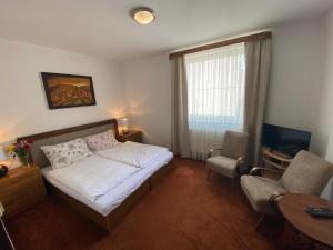 1 dormitorio con 1 cama, escritorio y silla en Penzión TATRA INN en Čadca