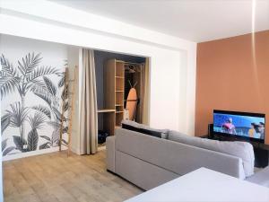 uma sala de estar com um sofá e uma televisão de ecrã plano em Le Nogué - Idéal Couples - Charmant Cocon em Pau