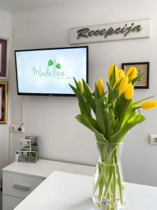 a vase filled with yellow tulips sitting on a table at Guest House Mlada lipa in Maribor