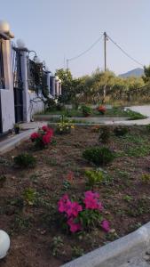 un jardín con flores rosas en un patio en AGNANTIO HOME, en Monemvasia