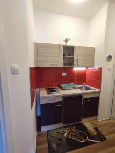 a small kitchen with red tiles on the wall at Apartment Palma in Zadar