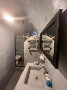 uma casa de banho com um lavatório, um espelho e um WC. em Emmantina em Mesaria