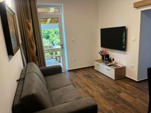 sala de estar con sofá y TV de pantalla plana en Active Chillax Oasis Apartments, en Ankaran