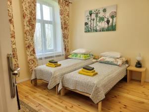 two twin beds in a room with a window at Agroturystyka Nasza Bajka in Pieniężno