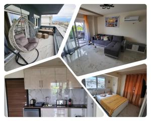 a collage of four pictures of a kitchen and a living room at Luksuzni Apartman Harmonija Paralija in Paralia Katerinis +9 photos