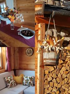 2 fotos de una habitación con sofá y mesa en Baita dei Fovi, en Baselga di Pinè