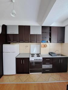 eine Küche mit einem Herd und einem weißen Kühlschrank in der Unterkunft Tatjana's Apartments Ohrid in Ohrid