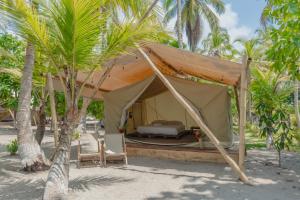 ein Zelt am Strand mit einem Bett und Palmen in der Unterkunft Manoush Beach in Buritaca
