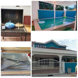 a collage of four pictures of a house with a pool at D'Diana Homestay in Port Dickson