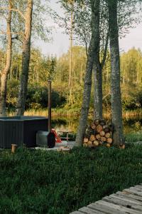 a pile of logs sitting next to some trees at Paunu Talu - Majutus ja Kajakid in Kekra