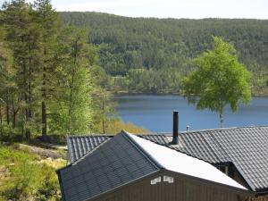 a roof of a building with a lake in the background at Chalet Torfinnbu - SOW051 by Interhome in Øyuvstad
