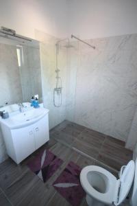 a bathroom with a toilet and a sink and a shower at Apartman Echo in Tuzla +6 photos