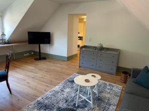 a living room with a couch and a table at Palmbräu Altstadt Appartments in Heidelberg