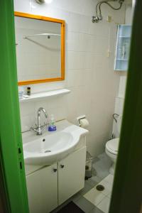 La salle de bains est pourvue d'un lavabo, de toilettes et d'un miroir. dans l'établissement The Little House, à Glífa