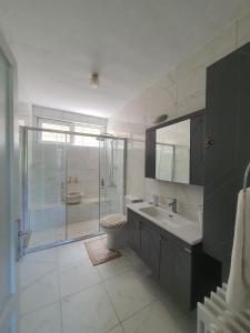 a bathroom with a shower and a sink and a toilet at شقة اطلالة كاملة على مدينة بورصة مع مسبح وسط المدينة in Çekirge