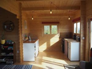 una cocina en una cabaña de madera con encimera en Ty Twt, en Carmarthen