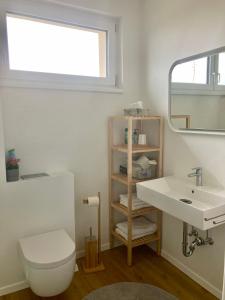 ein Badezimmer mit einem Waschbecken, einem WC und einem Spiegel in der Unterkunft Gartenhaus5 in Bad Tatzmannsdorf