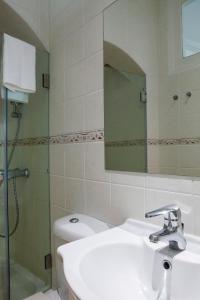 a bathroom with a sink and a mirror and a toilet at Alfama Graça district typical & bright , 3 bedroom apartment with AC 1st floor in Lisbon