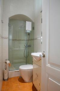 y baño con ducha, aseo y lavamanos. en Alfama Graça district typical & bright , 3 bedroom apartment with AC 1st floor en Lisboa