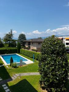 a large bush next to a swimming pool in a yard at Apartment Cornicello with pool by Glam in Bardolino