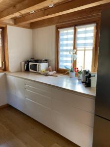 a kitchen with a counter top with a microwave at Chalet Chalet 1627 by Interhome in Moleson
