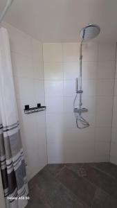a shower in a bathroom with white walls at B&B Het Oude Doktershuys in Minnertsga