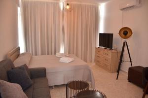 Un dormitorio con una cama, un sofá y un televisor. en Almyria Apartments - By IMH Travel & Tours, en Pafos