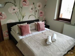 ザコパネにあるApartament na Antałówceのベッドルーム1室(ピンクと白の枕が備わるベッド1台付)