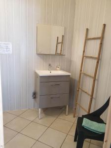 ein Badezimmer mit einem Waschbecken, einem Spiegel und einer Leiter in der Unterkunft Canal du Midi Argeliers Gîte 4 personnes in Argeliers