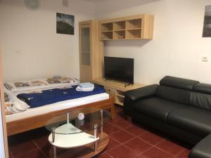 salon z łóżkiem i kanapą w obiekcie Penzion Duong Apartments w Karlowych Warach