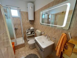 a bathroom with a sink and a toilet and a mirror at Apartment Merlin in Bol +32 photos