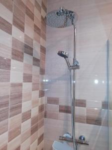 a shower with a glass door in a bathroom at Montaña & Mar in Miami Platja