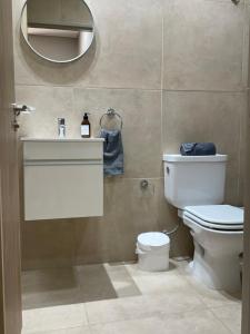 a bathroom with a toilet and a sink and a mirror at Departamento céntrico BELGRANO in San Salvador de Jujuy +5 photos
