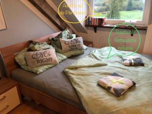 a bedroom with two beds with pillows and a window at Studio - grosses Wohn-Schlafzimmer - Dachterrasse - Kamin - Küche - Hohes Venn - Monschau - Eifel - Hunde willkommen beim Hof Vierzehnender in Monschau