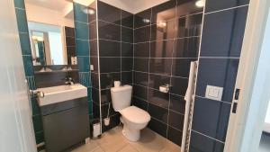 ein Badezimmer mit einem WC, einem Waschbecken und einem Spiegel in der Unterkunft Studio Cosy Perpignan 315 in Perpignan