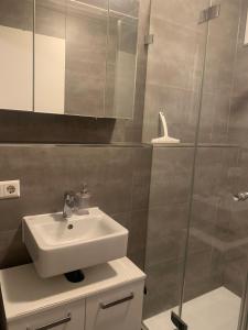La salle de bains est pourvue d'un lavabo et d'une douche en verre. dans l'établissement Zimmer mit eigenem Bad, à Ulm