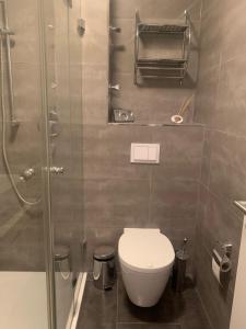 a small bathroom with a toilet and a shower at Zimmer mit eigenem Bad in Ulm