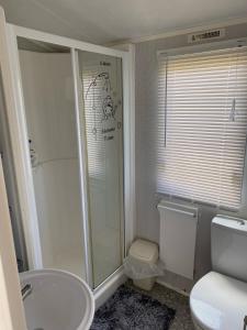uma casa de banho com um chuveiro, um WC e um lavatório. em P&T's everything a family needs including decking private WIFI and Smart TV em Rhyl
