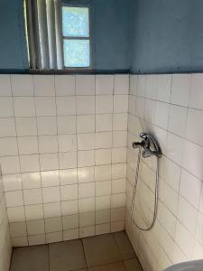 a bathroom with a shower in a tiled wall at Le Rocher in Sainte Marie