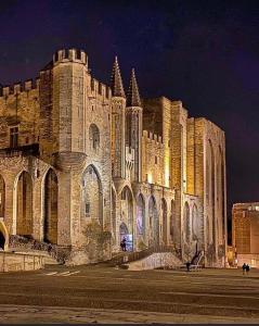 a large stone building with lights on it at night at Chambre d'hôtes Les Cyprès de l'île in Avignon